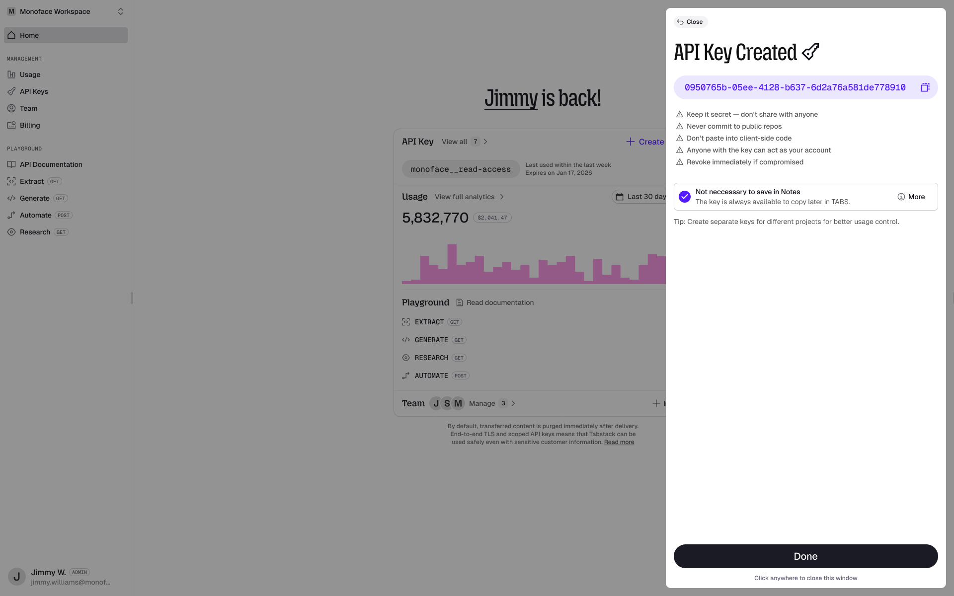 Tabstack — API Key creation → Success
